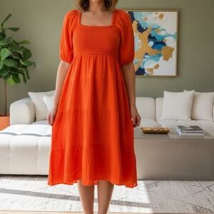 R.Vivimos Orange Smocked Puff Sleeve Tiered Midi Dress NWT